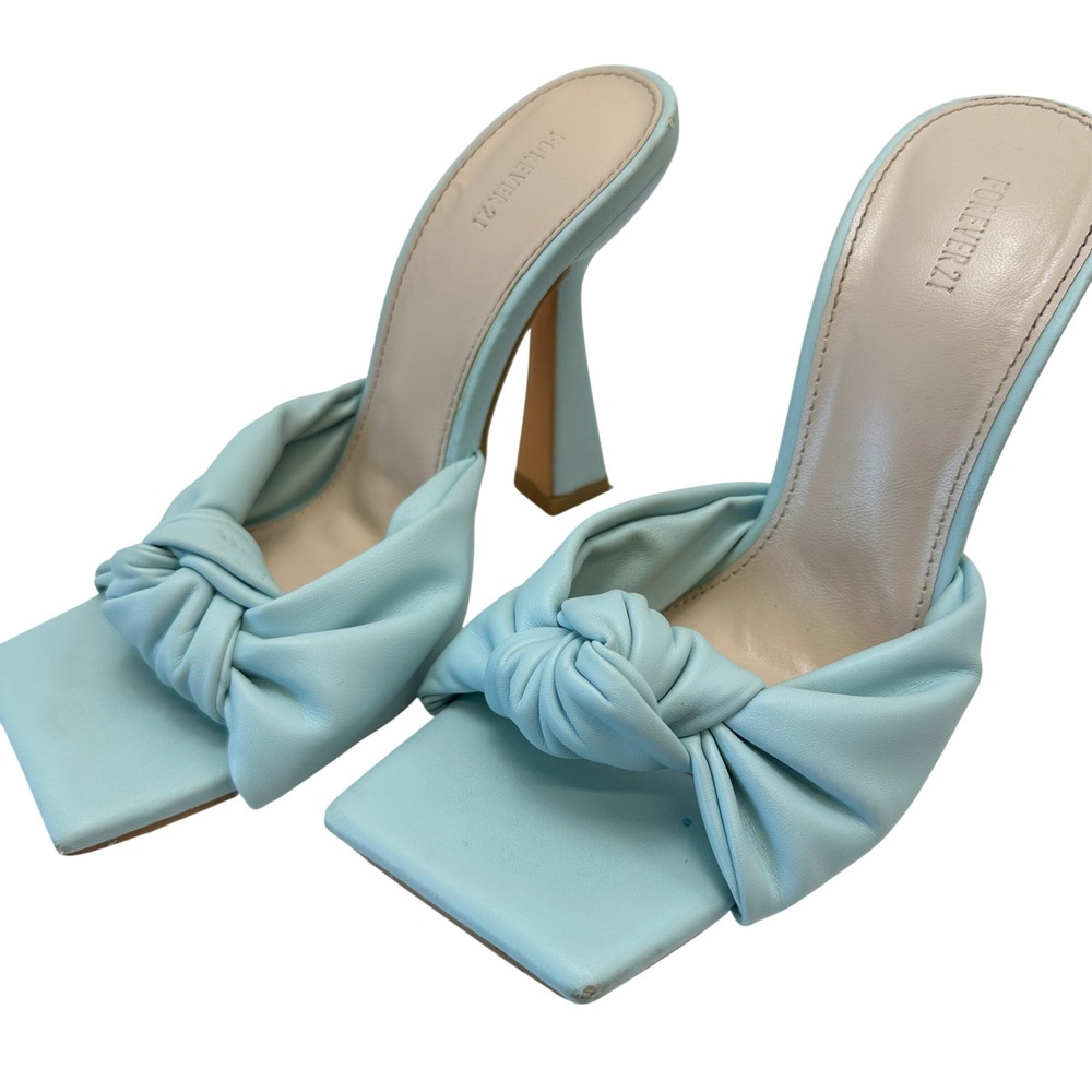 Forever 21 Womens Blue Knotted Square Toe Flared Heel Mules 00476167 Size 7